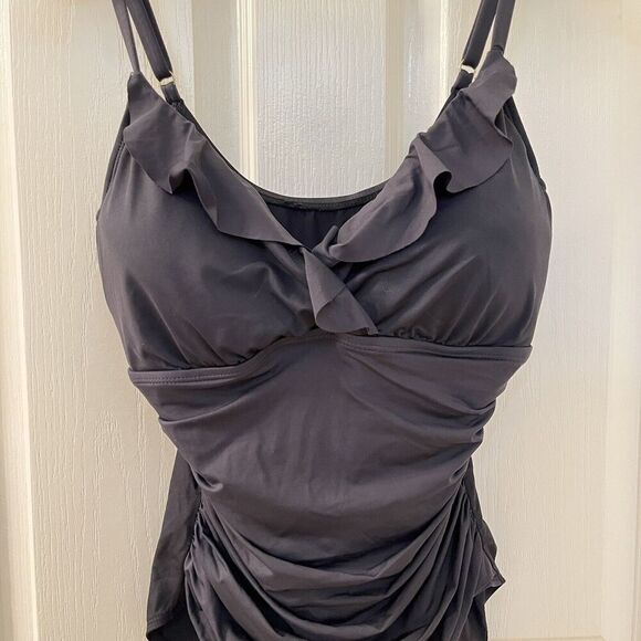 Lauren Ralph Lauren Black Ruffle One-Piece Swimsuit Beach Club Solids Size 14 - Picture 5 of 13